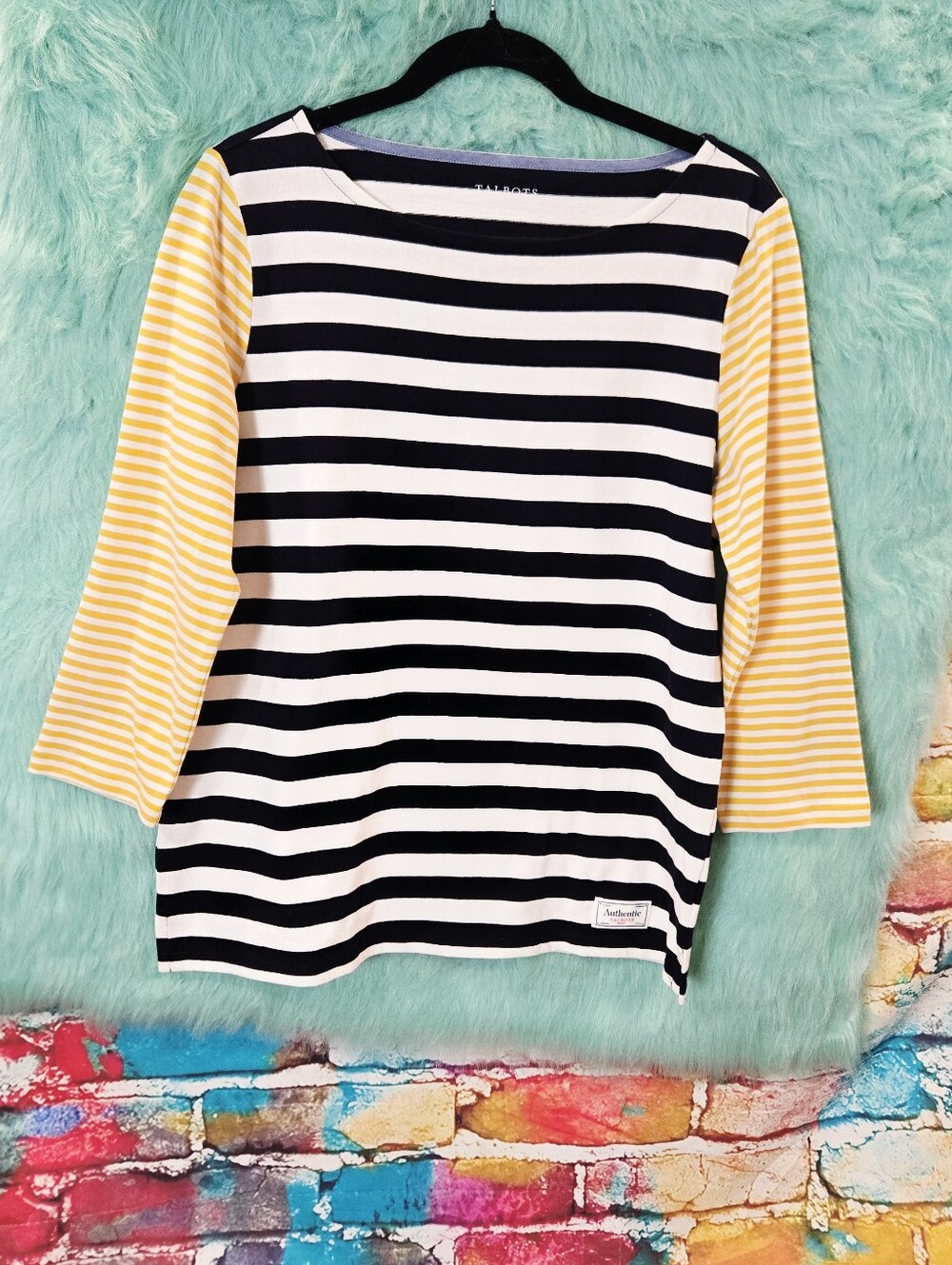 Talbots Black White And Yellow Striped Long Sleeve Boat Neck Top Size M